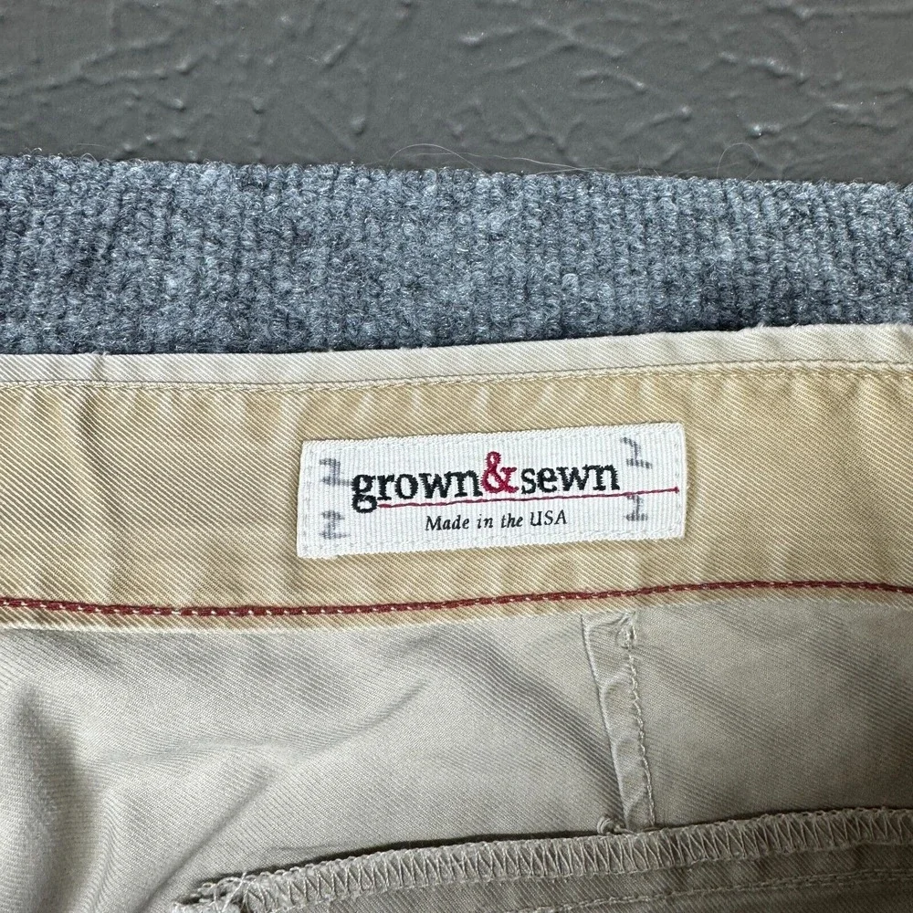 Grown‎ & Sewn Pants Mens 35 x 33 Beige Button Fly Chino Cotton
